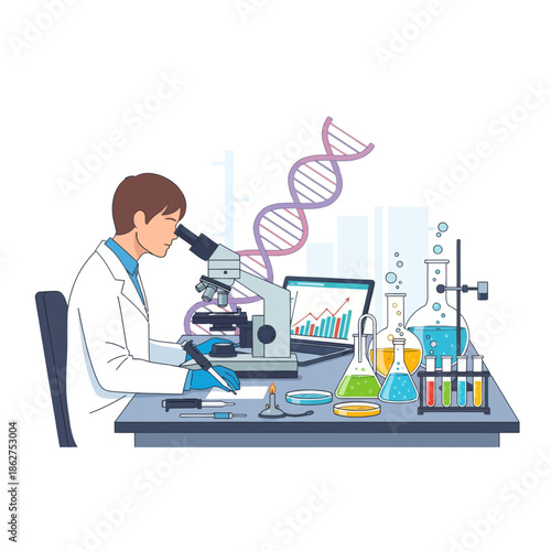 Scientist using microscope in laboratory with DNA and charts on laptop