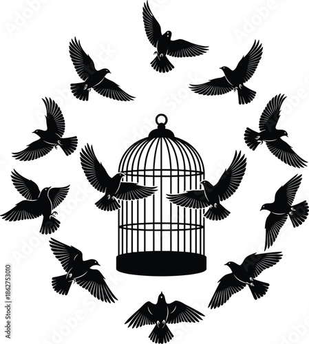 Open birdcage with flying birds, freedom escape concept, symbolic silhouette illustration for liberty, hope and release theme, bold flat vector