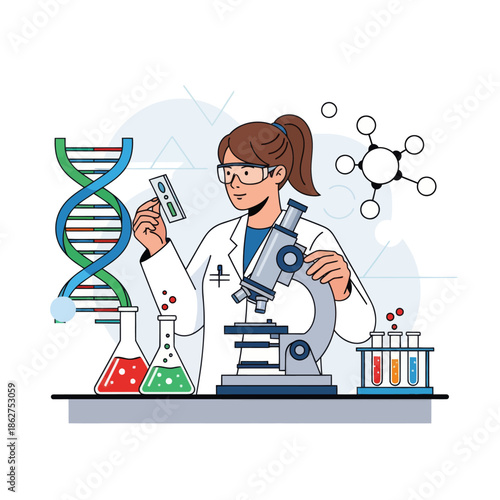 Biologist examining DNA helix with microscope in laboratory, scientific research concept