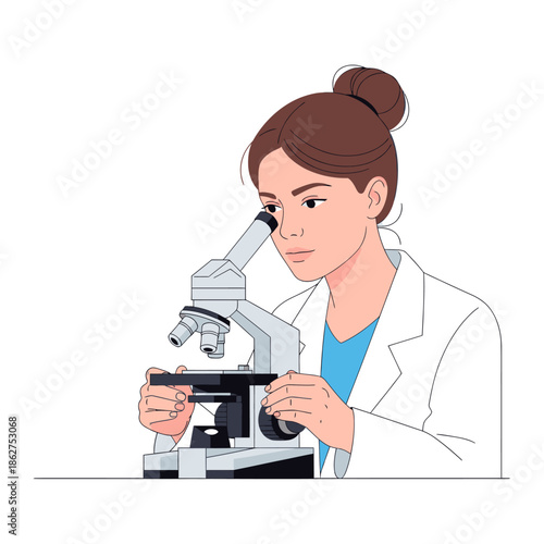Scientist looking through microscope, detailed research, laboratory work, medical science concept