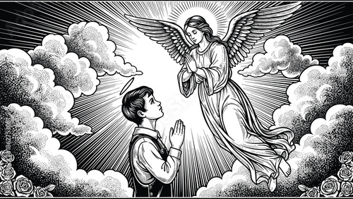 Boy praying with angel above, spiritual silhouette scene with halo, clouds, roses and divine light beams, peaceful faith flat vector