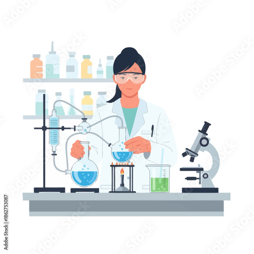 Female Scientist Conducting Chemical Experiment in Laboratory with Equipment