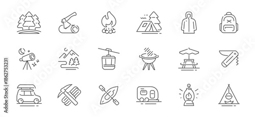 Camping and hiking concept. Outdoor activities set of icons in line style. Summer camp linear symbols collection
