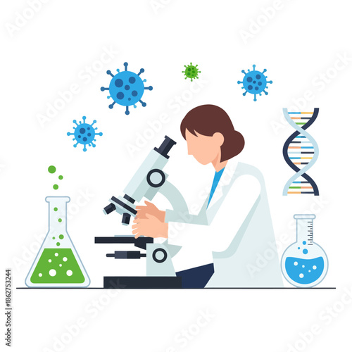 Scientist examining virus under microscope, DNA helix, laboratory research, scientific discovery