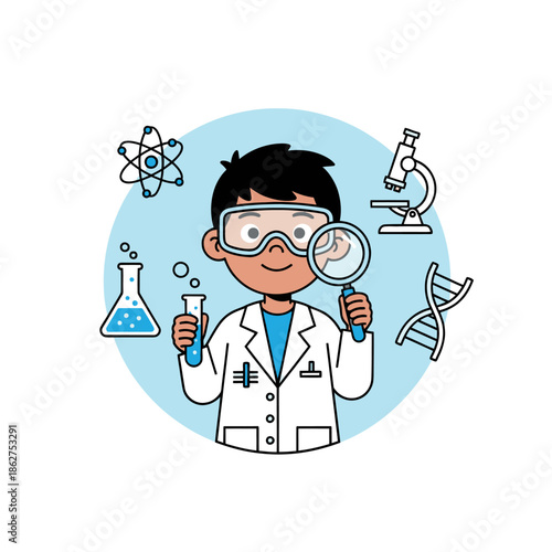 Curious Child Scientist Exploring Chemistry and Biology with Magnifying Glass