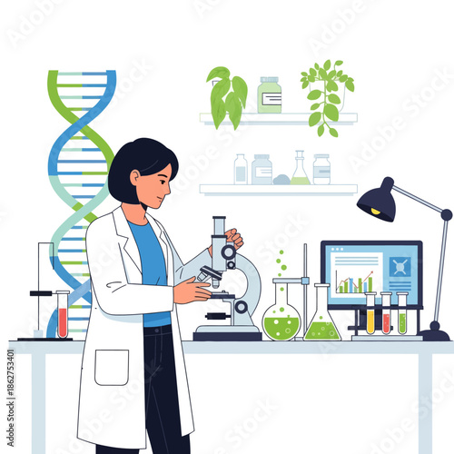 Scientist Working In Laboratory With Microscope, DNA And Flasks - Vector Illustration
