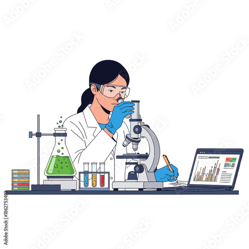 Scientist working with microscope, flask, test tubes, and laptop in laboratory