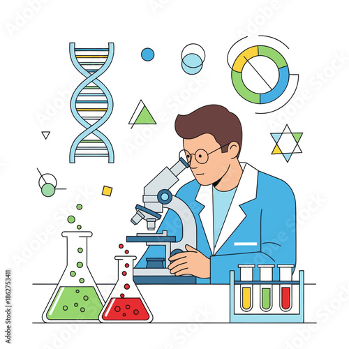 Scientist Researching DNA and Cells with Microscope and Lab Equipment