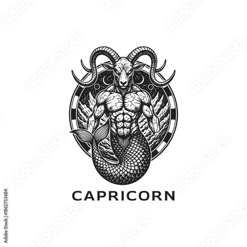 Powerful dark fantasy engraving of the Capricorn zodiac featuring a muscular sea-goat warrior with large horns and a fish tail