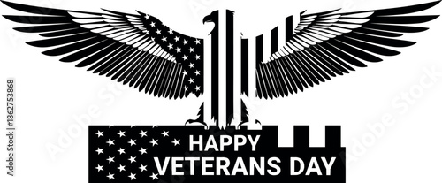 Vector silhouette illustration featuring an American flag eagle with wide wings for a powerful Happy Veterans Day tributeVector silhouette illustration featuring an American flag eagle with wide wings