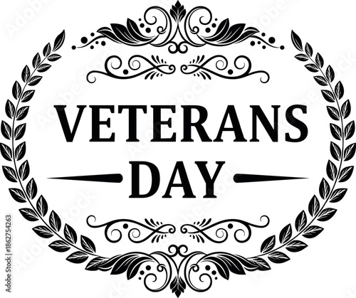 Vector silhouette illustration featuring an ornate laurel wreath with decorative filigree for Veterans Day patriotic military honor tributes