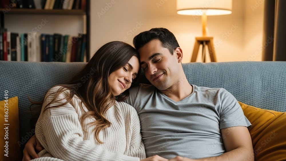 Fototapeta premium Couple resting on couch in living room