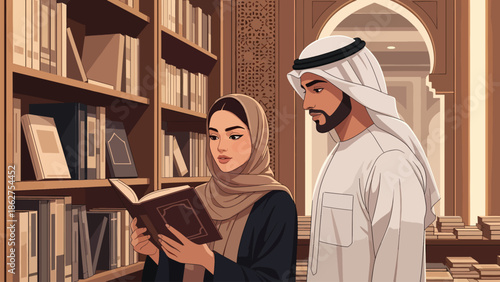A man and a woman in traditional attire reading a book together in a beautifully designed library with numerous bookshelves.