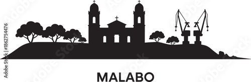 Black silhouette cityscape of malabo equatorial guinea showing cathedral trees and harbor cranes outline