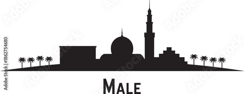Male maldives city skyline silhouette vector illustration famous islamic mosque architecture landmark view.