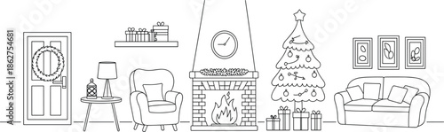 Minimalist line art illustration of a cozy Christmas living room with fireplace, decorated tree, and gifts