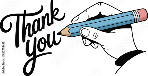 Hand holding blue pencil writing Thank You typography for appreciation and gratitude message