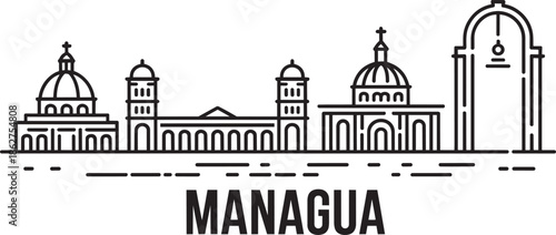 Managua skyline outline with colonial buildings and modern architecture travel landmark