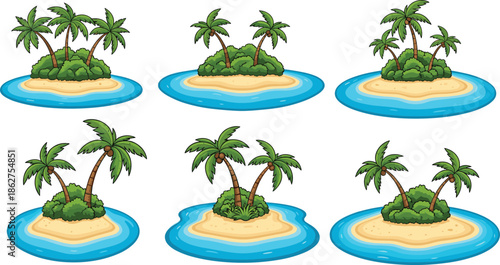 Tropical Island Illustration Set with Palm Trees, Sandy Beaches and Blue Ocean Water Showing Summer Vacation, Paradise Landscape and Cartoon Nature Design
