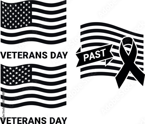 Vector silhouette set featuring American waving flags and a memorial mourning ribbon for Veterans Day patriotic remembrance designs