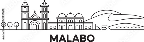 Outline skyline cityscape silhouette of malabo equatorial guinea landmark buildings and tropical trees