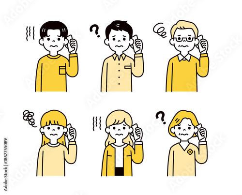 困った様子で通話する、いろいろな年代の男性と女性のベクターイラスト素材セット＿スマートフォン