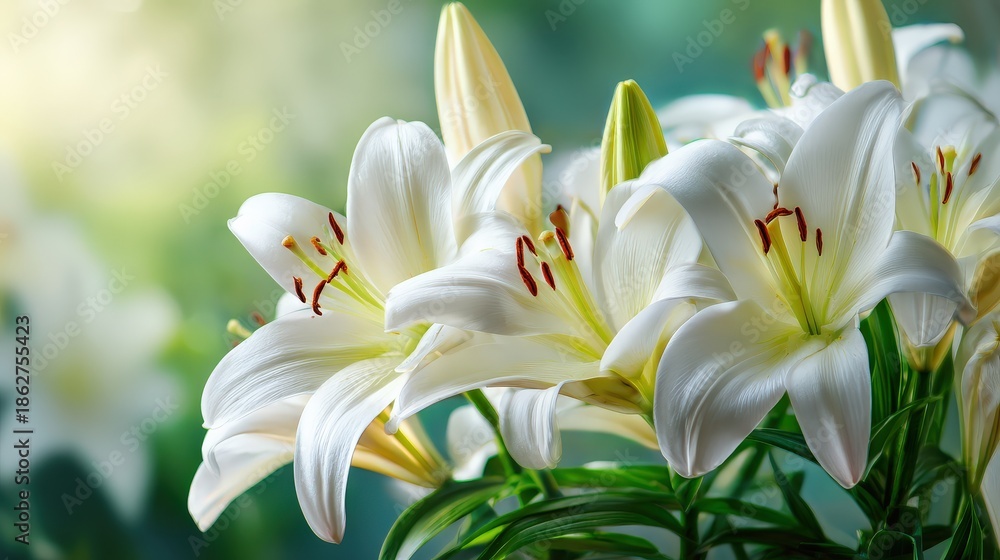 Fototapeta premium A vibrant arrangement of white lilies in soft focus, showcasing their delicate petals and lush green leaves, creating a serene and elegant atmosphere.