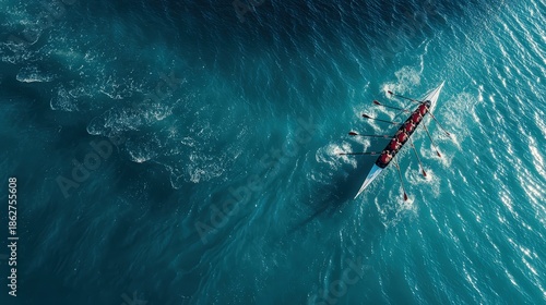 Women's rowing team practices on blue water, captured from above during sunny weather