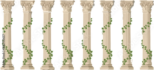 Classical Ivy Covered Column Illustration Set Showing Ancient Architecture Pillars With Green Vines, Decorative Capitals, and Historic Botanical Design Elements