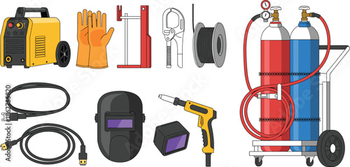 Welding equipment vector set featuring welder machine gas cylinders helmet gloves and industrial tools illustration