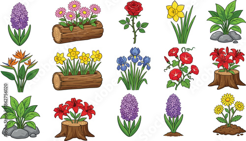 Colorful Garden Flower and Plant Illustration Set Featuring Spring Blossoms, Decorative Logs, Stumps, and Botanical Elements in Cute Cartoon Style