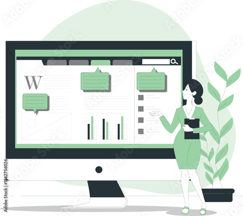 Woman presenting data on a large computer screen in a modern office setting