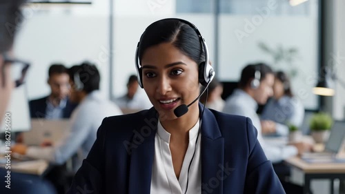 Customer Service Agent Talking With a Headset in Busy Office