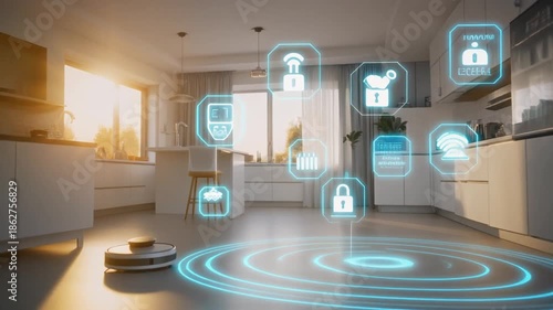 Smart Home Ecosystem with Automated Appliances, Futuristic Living Room Interior and IoT Technology UHD.