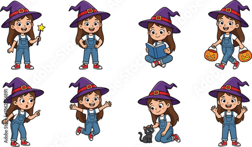 Cute Halloween Witch Girl Character Illustration Set Showing Adorable Kid in Costume, Magic Poses, Trick or Treat Actions, and Cartoon Style Expressions