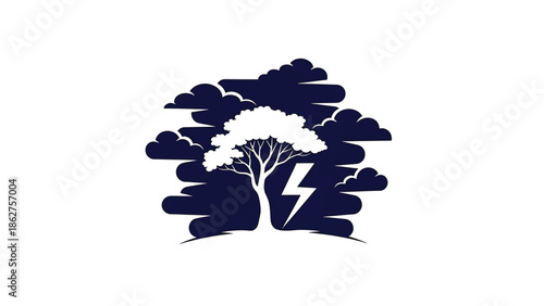 A silhouette illustration of a tree with a lightning bolt against a dark, stormy sky and clouds, evoking nature's power