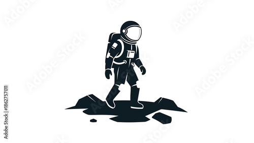 A silhouette illustration of an astronaut on a rocky surface, likely on another planet. The person is walking