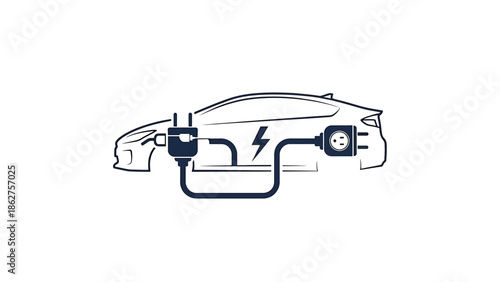A silhouette illustration of an electric vehicle with charging cables and a lightning bolt symbol. It represents electric power