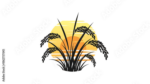 A silhouette illustration of rice stalks in front of a yellow and orange gradient sun, evoking a sense of calm and nature