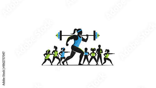 A silhouette illustration of people in workout gear, with a central figure lifting a barbell and others practicing exercises