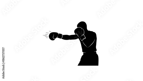 A silhouette of a boxer throwing a punch. Black figure on a white background. Boxing gloves and motion lines enhance dynamic action