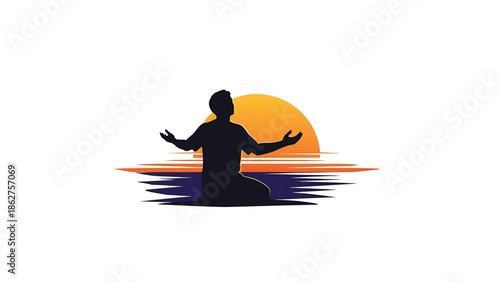 A silhouette kneels with arms outstretched toward an orange sun setting over water, abstract lines below