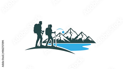 A silhouette illustration of two hikers with backpacks walking in front of mountain range, a sun and lake are in the background