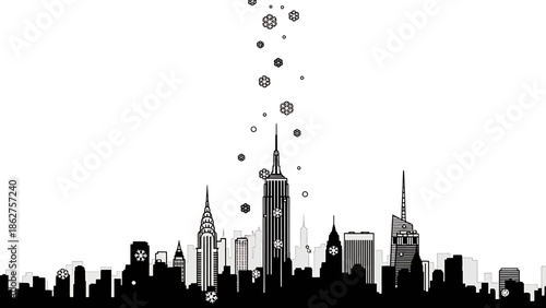 A silhouette of a cityscape depicts towering structures, stylized with falling snowflakes, evoking a winter scene. The image is a simple, graphic illustration