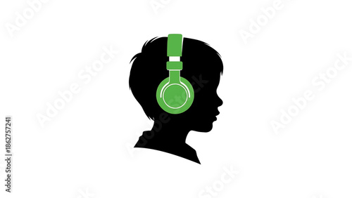 A silhouette of a child's head and shoulders in profile with green headphones over their ears, on a white background