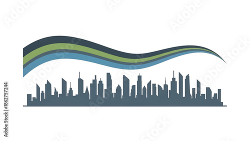 A silhouette of a cityscape beneath a stylized arc composed of three wavy colored stripes on a white background