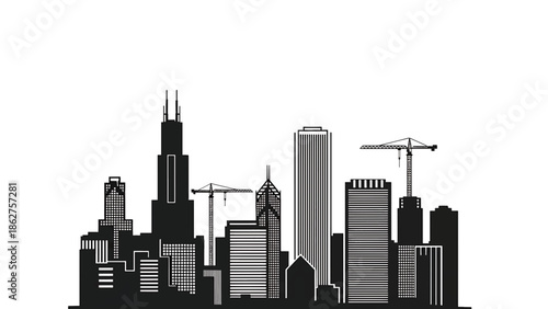 A silhouette of a cityscape featuring various buildings and construction cranes set against a white backdrop