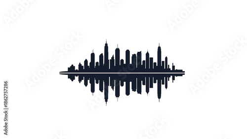 A silhouette of a cityscape reflecting in a horizontal line, a dark city against a white background. The reflection mirrors the top perfectly