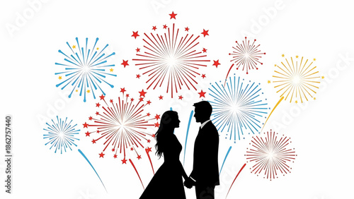 A silhouette of a couple holding hands in front of colorful fireworks against a white background, celebrating a special occasion