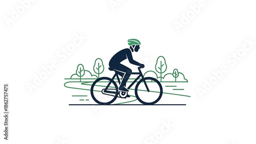 A silhouette of a cyclist riding on a path through a park, person wearing a helmet, trees in background, linear illustration